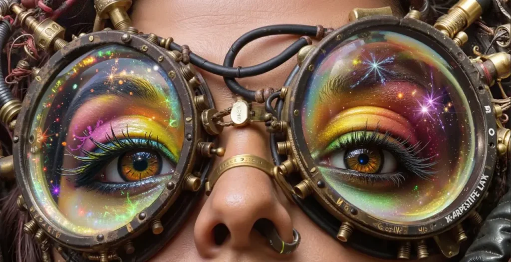 Close-up of ornate brass goggles showing two amber eyes reflected in the lenses. Each lens contains miniature cosmic scenes with stars, sparkles, and colorful nebulae. The lenses are connected by black rubber tubing and decorated with intricate metalwork and small mechanical details.