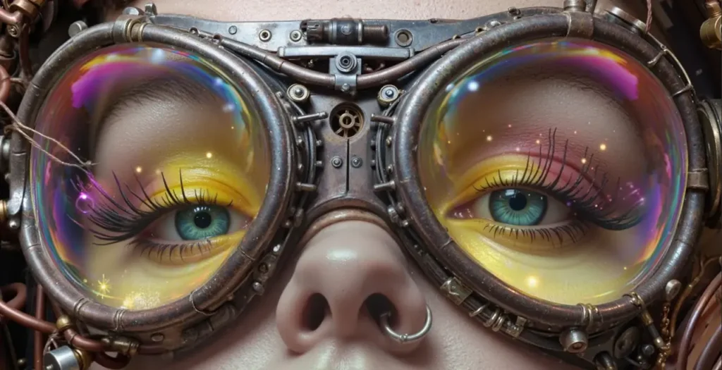 Industrial-style goggles in weathered metal, showing bright turquoise eyes framed by long lashes. The lenses display iridescent purple and gold reflections with floating stars. A mechanical ventilation system is visible in the central bridge, with exposed pipes and gears.