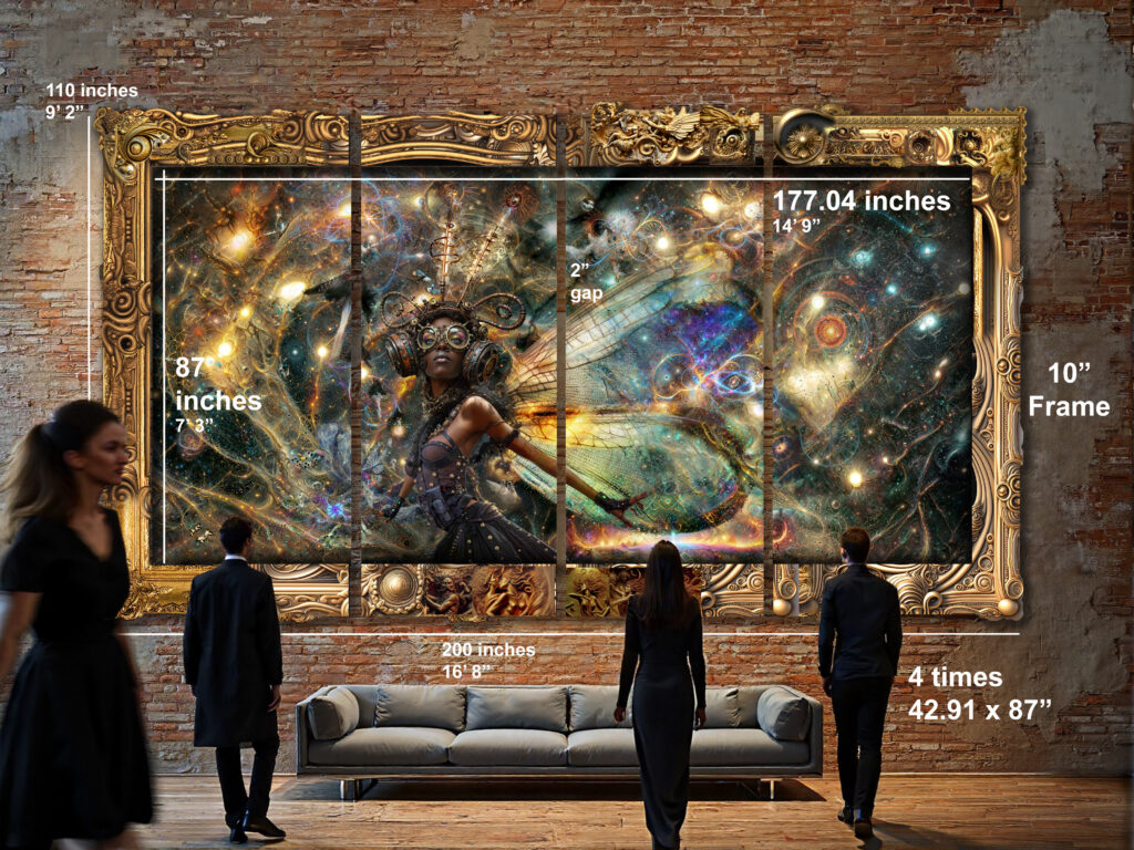 A space fairy with dragonfly wings and cosmic sensors hovers amidst swirling galaxies in a four-panel gilded frame. Below, viewers observe the massive artwork mounted on exposed brick.