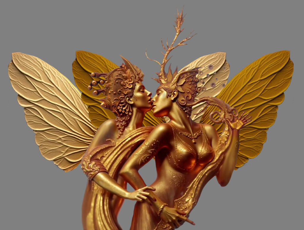 Sculpture of two golden fairy figures in an intimate embrace, with elaborate baroque-style wings and ornamental details, rendered in metallic gold against grey background